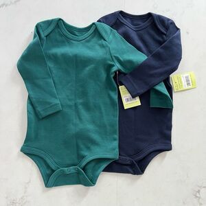 NWT PRIMARY organic cotton Long Sleeve Bodysuit Set of 2 - Spruce and Navy